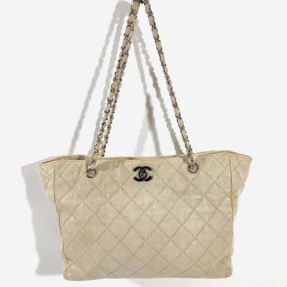 Auth Chanel cerf executive shopper tote Quilted woven Riviera Chain Strap canvas